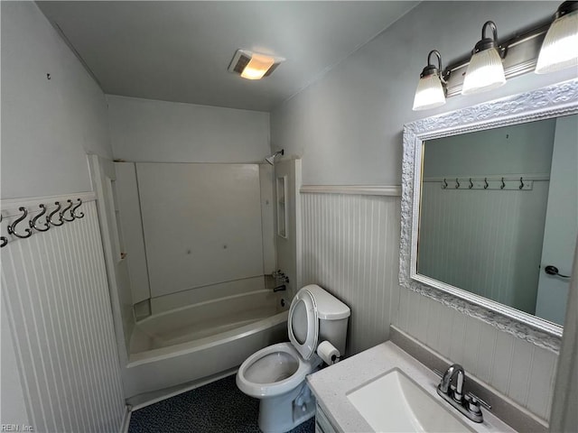 419 Marsh Duck Way, Virginia Beach, VA 23451 - bathroom featuring toilet, wainscoting, vanity, and shower / washtub combination
