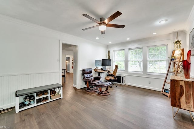 401 Kings Point Rd, Virginia Beach, VA 23452 - office area featuring a ceiling fan, crown molding, wood finished floors, and recessed lighting