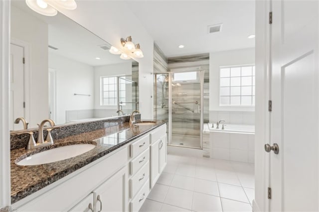 1652 Teton Ct, Chesapeake, VA 23320 - full bathroom with double vanity, a garden tub, tile patterned floors, a stall shower, and recessed lighting