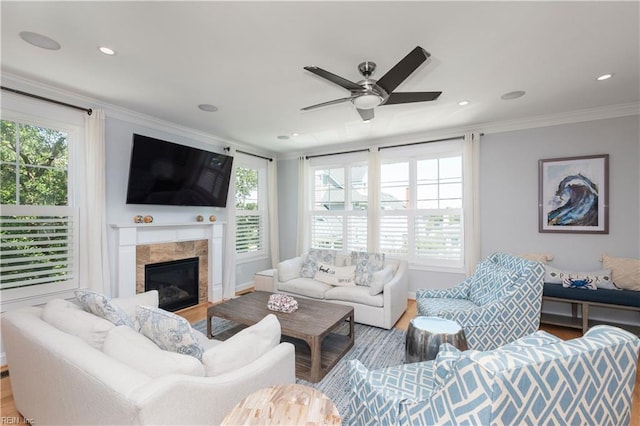 120 55th 1/2 St, Virginia Beach, VA 23451 - living room featuring plenty of natural light, ceiling fan, wood finished floors, crown molding, and a premium fireplace