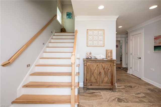 120 55th 1/2 St, Virginia Beach, VA 23451 - stairway featuring marble look tiles, crown molding, recessed lighting, and baseboards