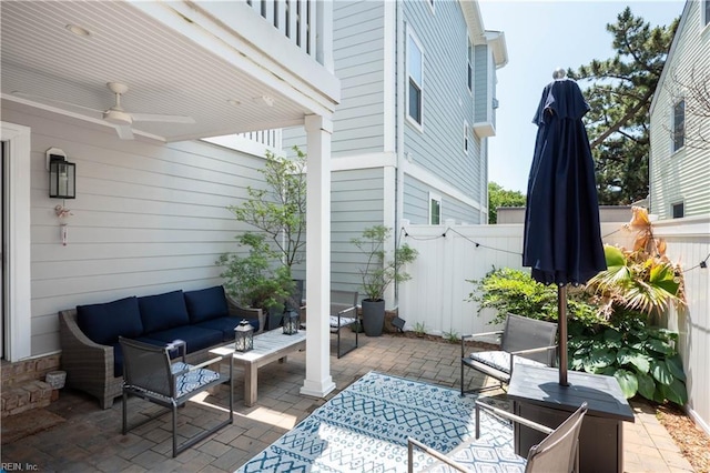 120 55th 1/2 St, Virginia Beach, VA 23451 - fenced backyard with outdoor lounge area, a patio, and ceiling fan