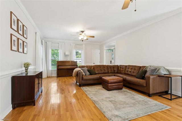5891 Chaucer Dr, Providence Forge, VA 23140 - living area featuring a ceiling fan, light wood-style floors, and ornamental molding