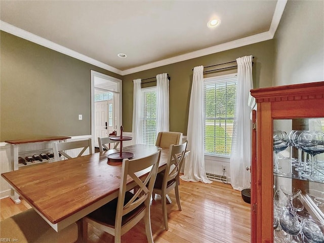 5891 Chaucer Dr, Providence Forge, VA 23140 - dining area with light wood-style flooring, ornamental molding, and recessed lighting