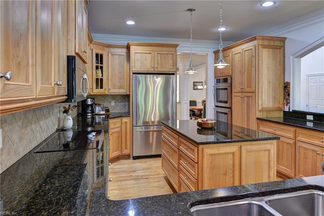 200 Cruden Bay, Williamsburg, VA 23188 - kitchen featuring stainless steel appliances, dark stone counters, tasteful backsplash, glass insert cabinets, and ornamental molding