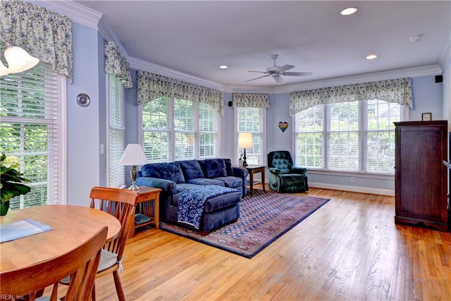 200 Cruden Bay, Williamsburg, VA 23188 - living room featuring crown molding, a ceiling fan, light wood finished floors, baseboards, and recessed lighting