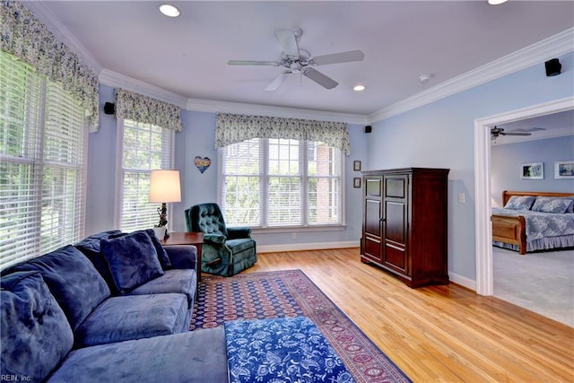 200 Cruden Bay, Williamsburg, VA 23188 - living area with a ceiling fan, baseboards, light wood finished floors, ornamental molding, and recessed lighting