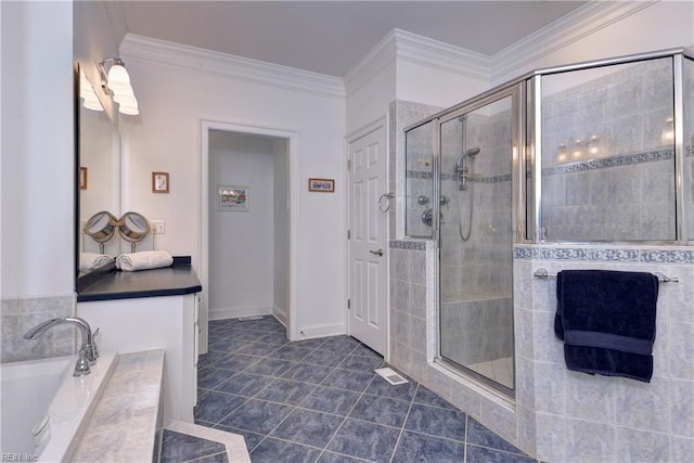 200 Cruden Bay, Williamsburg, VA 23188 - bathroom with a stall shower, crown molding, tile patterned flooring, baseboards, and vanity