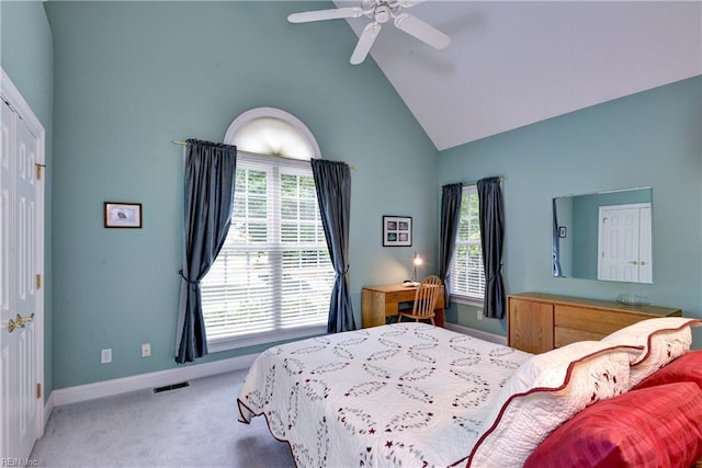 200 Cruden Bay, Williamsburg, VA 23188 - bedroom featuring carpet flooring, baseboards, a ceiling fan, a closet, and high vaulted ceiling