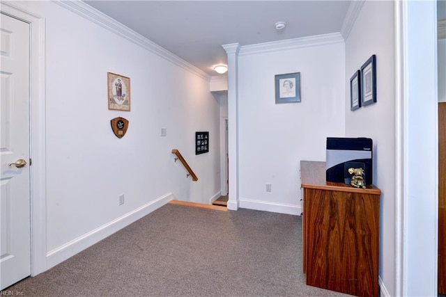 200 Cruden Bay, Williamsburg, VA 23188 - hall with an upstairs landing, carpet floors, baseboards, and ornamental molding