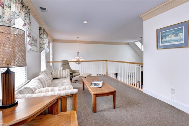 200 Cruden Bay, Williamsburg, VA 23188 - carpeted living room with ornamental molding, a chandelier, baseboards, and recessed lighting