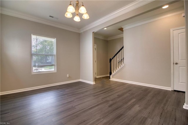 1808 Princeton Ave, Norfolk, VA 23523 - spare room with dark wood-style floors, stairs, a chandelier, baseboards, and ornamental molding