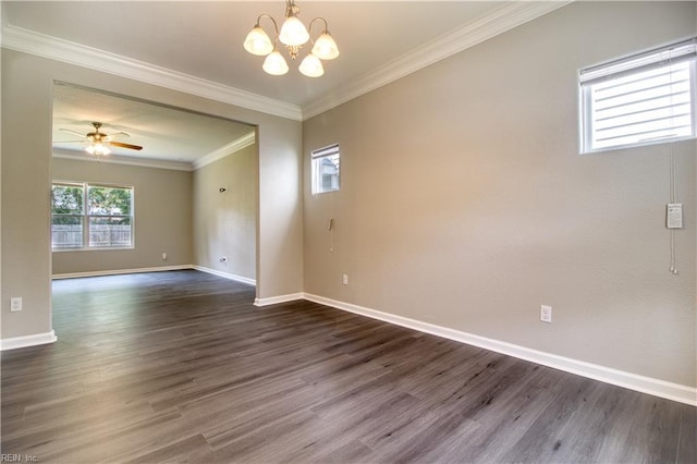 1808 Princeton Ave, Norfolk, VA 23523 - unfurnished room featuring crown molding, dark wood-style flooring, a chandelier, baseboards, and a ceiling fan