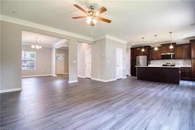 1808 Princeton Ave, Norfolk, VA 23523 - unfurnished living room with baseboards, dark wood-style flooring, ceiling fan, ornamental molding, and a chandelier