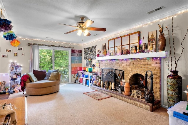 6372 Colby Way, Virginia Beach, VA 23464 - carpeted living room with a ceiling fan, a brick fireplace, crown molding, and a textured ceiling