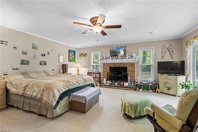 6372 Colby Way, Virginia Beach, VA 23464 - bedroom featuring ornamental molding, multiple windows, a textured ceiling, light colored carpet, and a fireplace