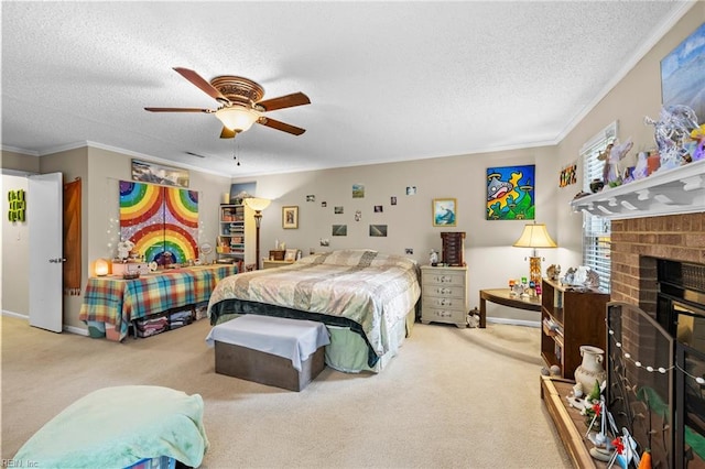 6372 Colby Way, Virginia Beach, VA 23464 - bedroom featuring carpet, a textured ceiling, crown molding, a brick fireplace, and ceiling fan