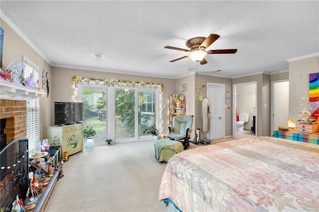 6372 Colby Way, Virginia Beach, VA 23464 - carpeted bedroom with a fireplace, a textured ceiling, crown molding, ceiling fan, and ensuite bathroom