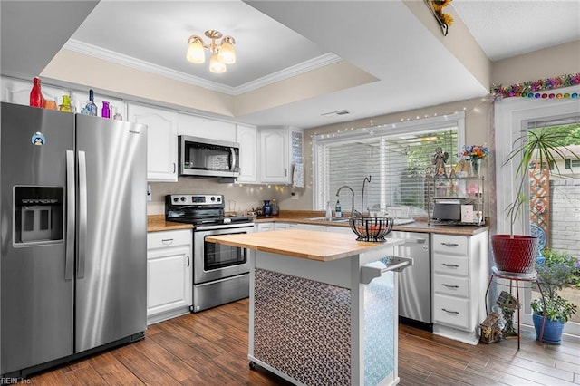 6372 Colby Way, Virginia Beach, VA 23464 - kitchen with stainless steel appliances, wood counters, white cabinetry, dark wood-type flooring, and ornamental molding
