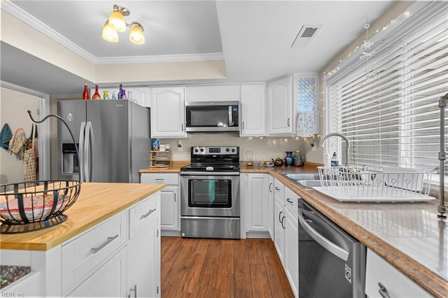 6372 Colby Way, Virginia Beach, VA 23464 - kitchen featuring stainless steel appliances, butcher block countertops, white cabinetry, dark wood-style floors, and healthy amount of natural light