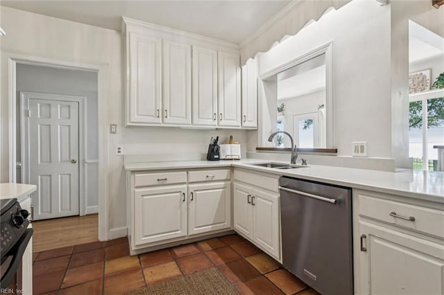 4002 Chesapeake Ave, Hampton, VA 23669 - kitchen featuring stainless steel dishwasher, a sink, black range oven, white cabinetry, and light countertops