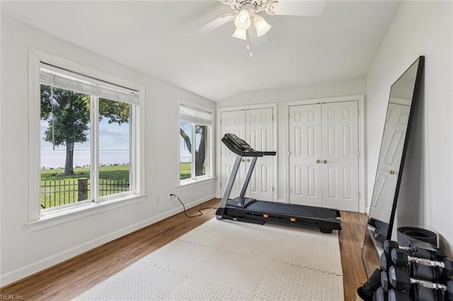 4002 Chesapeake Ave, Hampton, VA 23669 - workout area with wood finished floors, plenty of natural light, lofted ceiling, baseboards, and ceiling fan