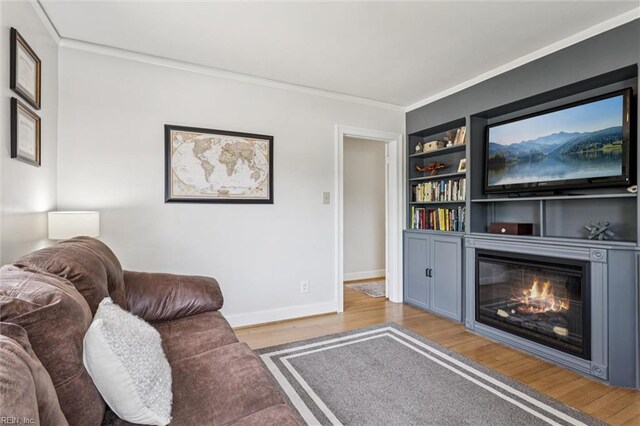 4002 Chesapeake Ave, Hampton, VA 23669 - living area with a glass covered fireplace, crown molding, wood finished floors, baseboards, and built in features