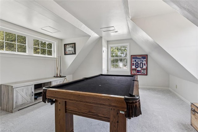 4002 Chesapeake Ave, Hampton, VA 23669 - rec room featuring light carpet, billiards table, lofted ceiling, and baseboards