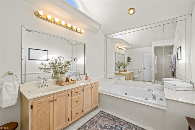 2753 Elson Green Ave, Virginia Beach, VA 23456 - full bathroom featuring a bath, double vanity, tile patterned floors, and a shower stall