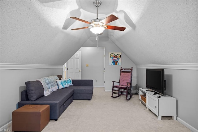 2753 Elson Green Ave, Virginia Beach, VA 23456 - living room with a textured ceiling, lofted ceiling, light colored carpet, ceiling fan, and baseboards