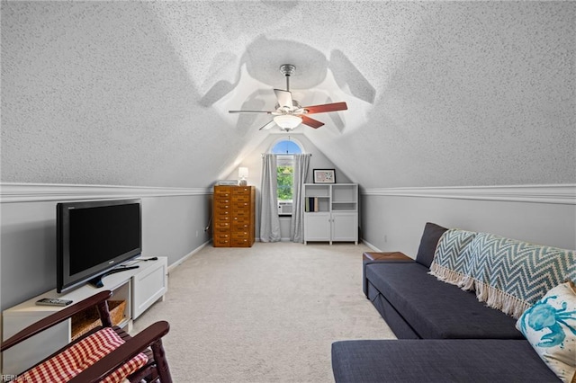 2753 Elson Green Ave, Virginia Beach, VA 23456 - carpeted living area with ceiling fan, a textured ceiling, lofted ceiling, and baseboards