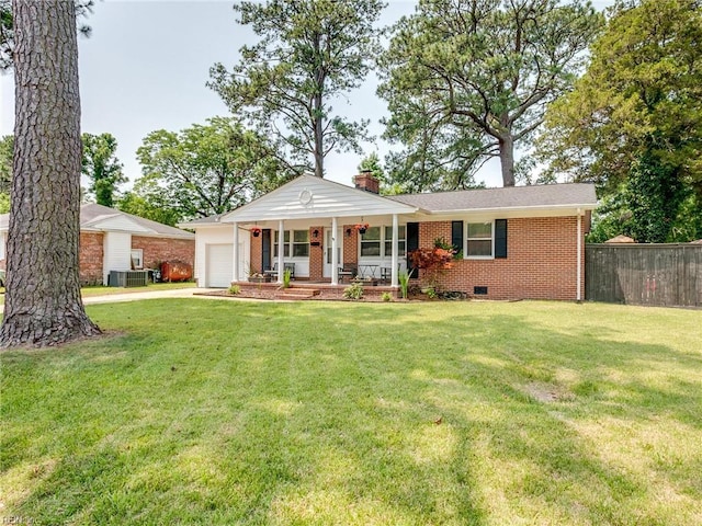 1803 Revere Dr, Hampton, VA 23664 - ranch-style house featuring covered porch, an attached garage, brick siding, crawl space, and a chimney