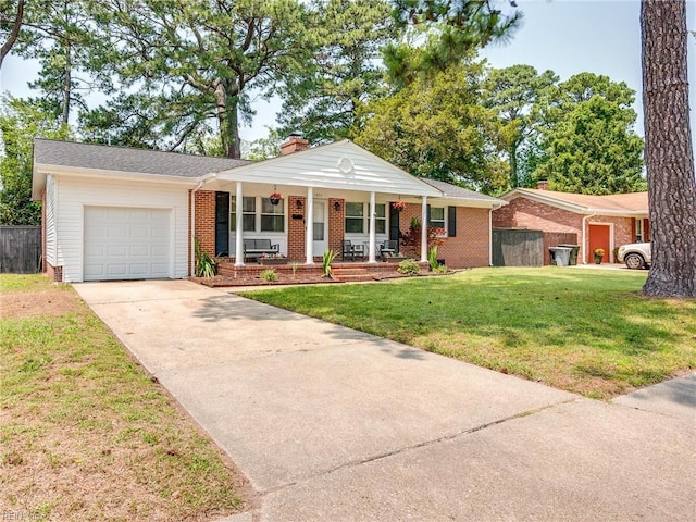 1803 Revere Dr, Hampton, VA 23664 - ranch-style house featuring brick siding, a garage, a porch, a chimney, and driveway