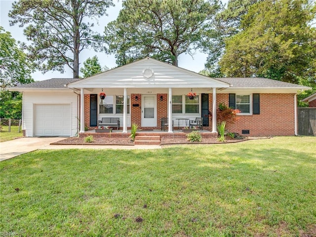 1803 Revere Dr, Hampton, VA 23664 - ranch-style house with covered porch, an attached garage, brick siding, driveway, and crawl space