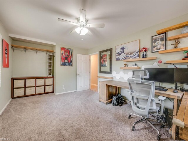 1803 Revere Dr, Hampton, VA 23664 - home office with a ceiling fan, carpet flooring, and baseboards