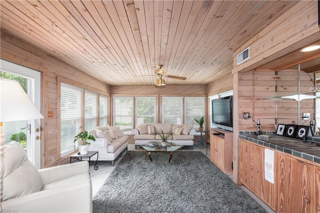 7006 Atlantic Ave, Virginia Beach, VA 23451 - living area featuring wood ceiling, wood walls, and a ceiling fan