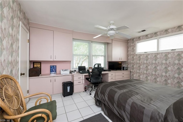 7006 Atlantic Ave, Virginia Beach, VA 23451 - bedroom featuring a desk, light tile patterned floors, wallpapered walls, and ceiling fan