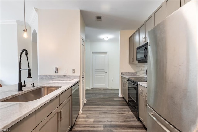 1400 Granby St Unit 413, Norfolk, VA 23510 - kitchen featuring black appliances, a sink, gray cabinets, light stone counters, and dark wood-type flooring