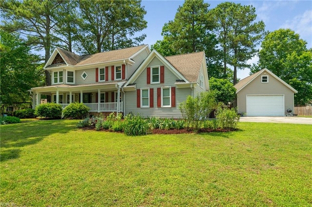 4712 Condor Dr, Chesapeake, VA 23321 - victorian-style house featuring a detached garage, covered porch, an outbuilding, and a front lawn