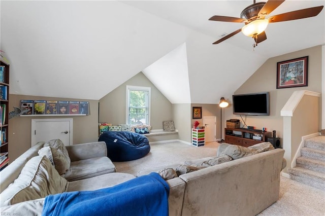 4712 Condor Dr, Chesapeake, VA 23321 - living room with light colored carpet, vaulted ceiling, ceiling fan, and baseboards