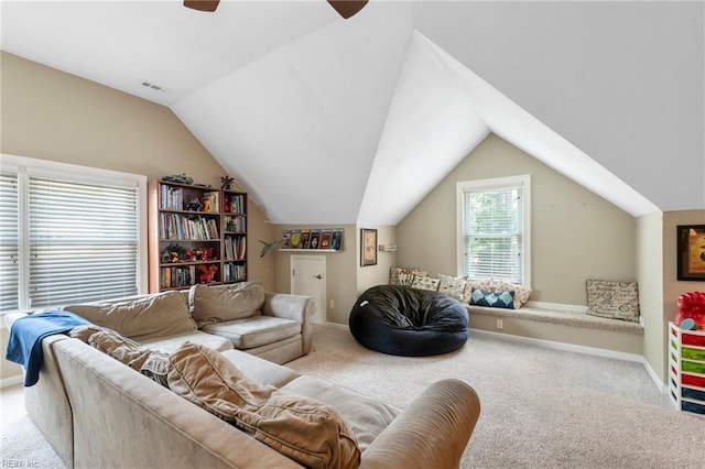 4712 Condor Dr, Chesapeake, VA 23321 - living room with carpet, ceiling fan, vaulted ceiling, and baseboards