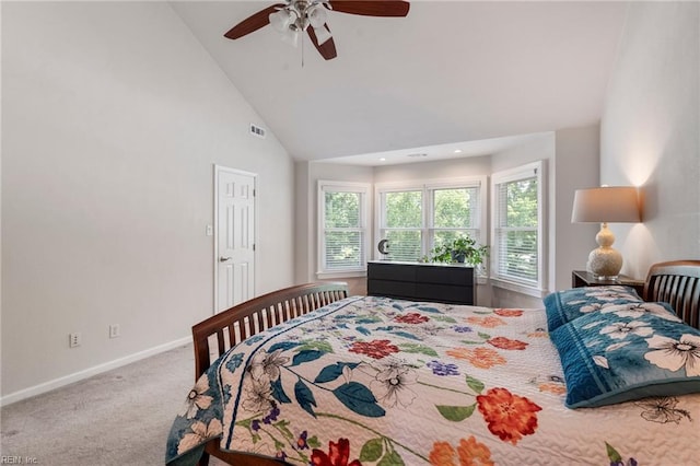 4712 Condor Dr, Chesapeake, VA 23321 - bedroom with baseboards, carpet flooring, high vaulted ceiling, and ceiling fan