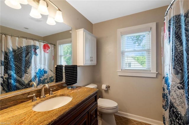 4712 Condor Dr, Chesapeake, VA 23321 - bathroom with vanity, tile patterned floors, toilet, baseboards, and curtained shower