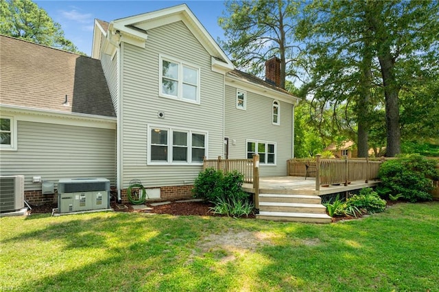 4712 Condor Dr, Chesapeake, VA 23321 - rear view of house featuring central AC, a wooden deck, a chimney, and a lawn