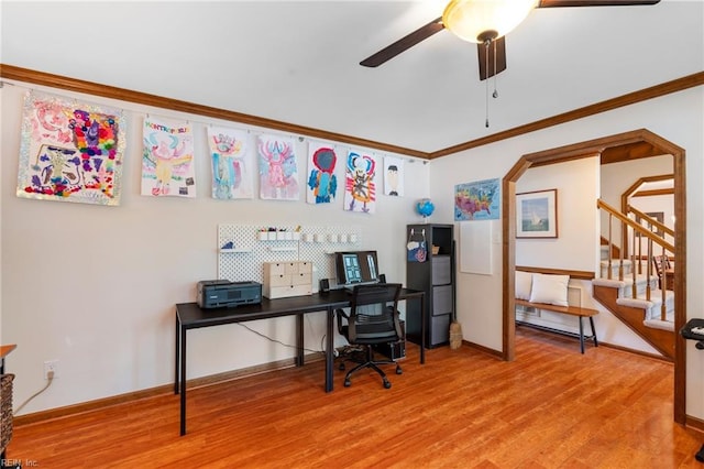 4712 Condor Dr, Chesapeake, VA 23321 - office area featuring wood finished floors, ceiling fan, baseboards, and crown molding