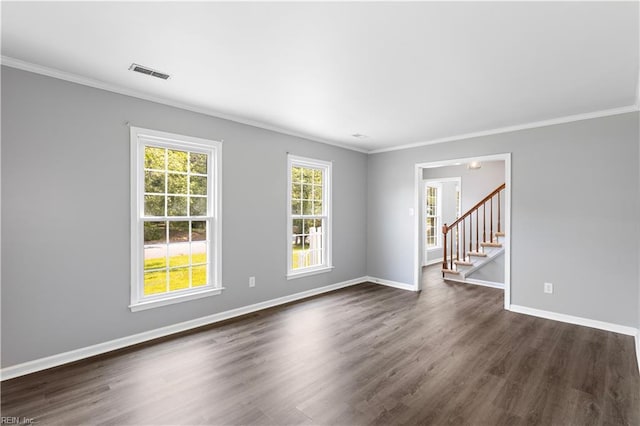 304 Odd Rd, Poquoson, VA 23662 - unfurnished room featuring ornamental molding, dark wood-type flooring, baseboards, and stairs