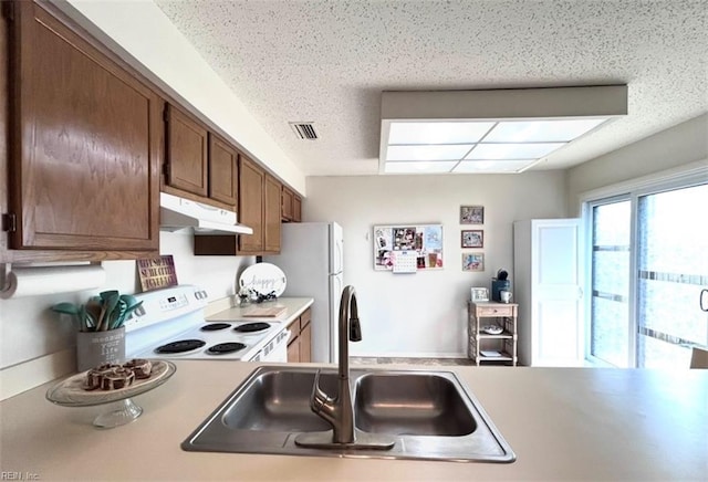 1417 Northface Ct, Virginia Beach, VA 23462 - kitchen with under cabinet range hood, white appliances, a sink, and light countertops