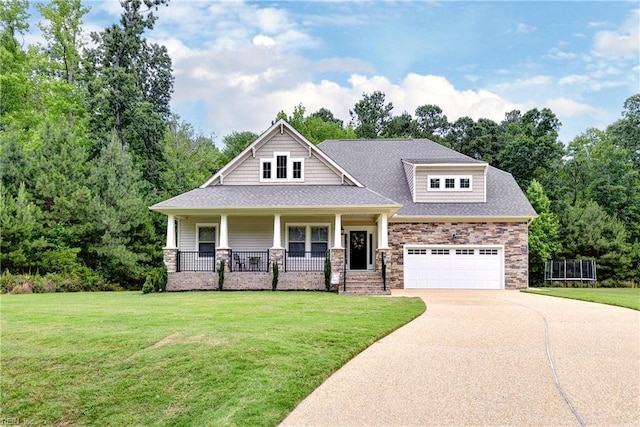 2251 Moonlight Pt, Williamsburg, VA 23185 - view of front of house featuring concrete driveway, a porch, a front yard, stone siding, and an attached garage