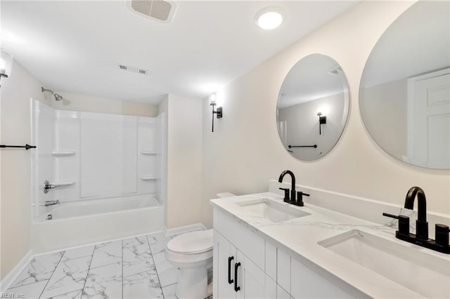 1857 Karen Ln, Virginia Beach, VA 23454 - full bath featuring baseboards, double vanity, marble look tile flooring, toilet, and shower / tub combination