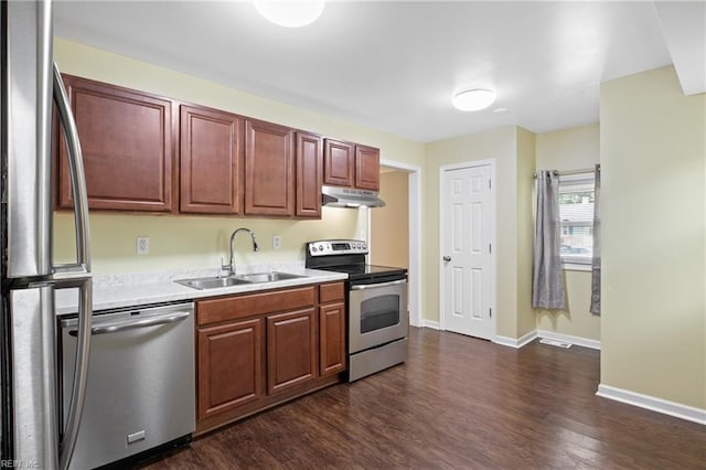 14 N Walker Rd, Hampton, VA 23666 - kitchen with stainless steel appliances, a sink, dark wood finished floors, under cabinet range hood, and light countertops